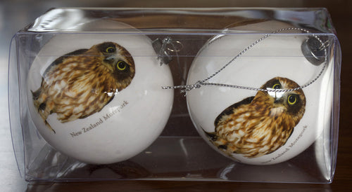 NZ Christmas Bird Baubles - Morepork - Classic White (Box of Two)