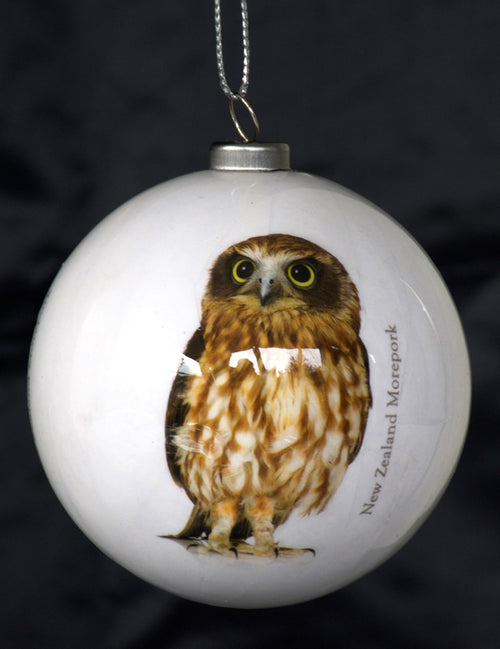 NZ Christmas Bird Baubles - Morepork - Classic White (Box of Two)