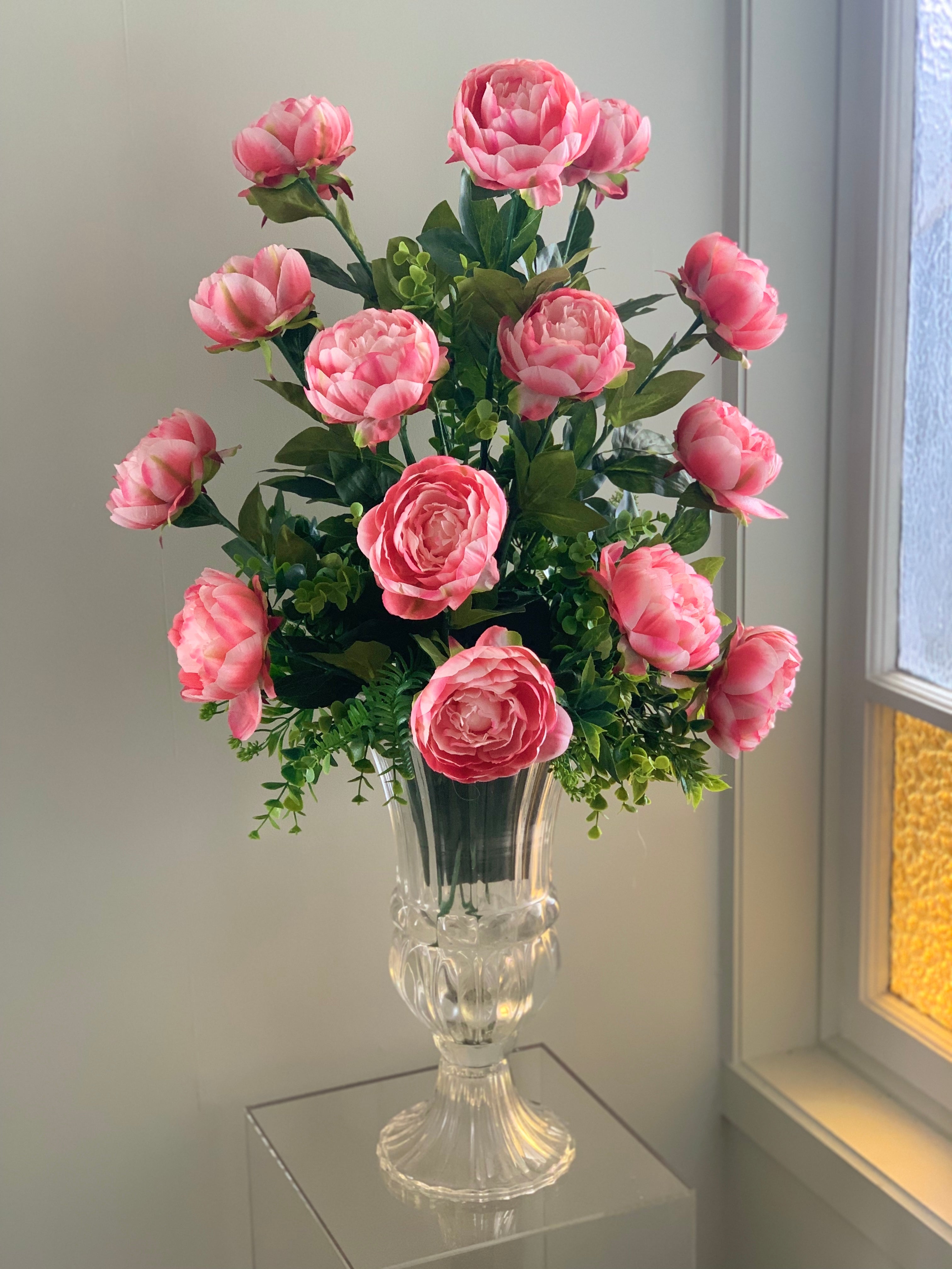 Vase of artificial pink peony flowers from decorflowers.co.nz