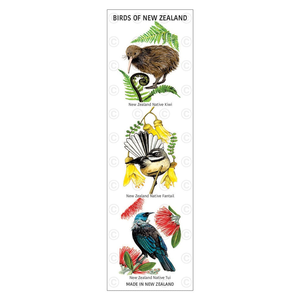 New Zealand bookmark with illustrations of New Zealand native birds from Decorflowers.co.nz