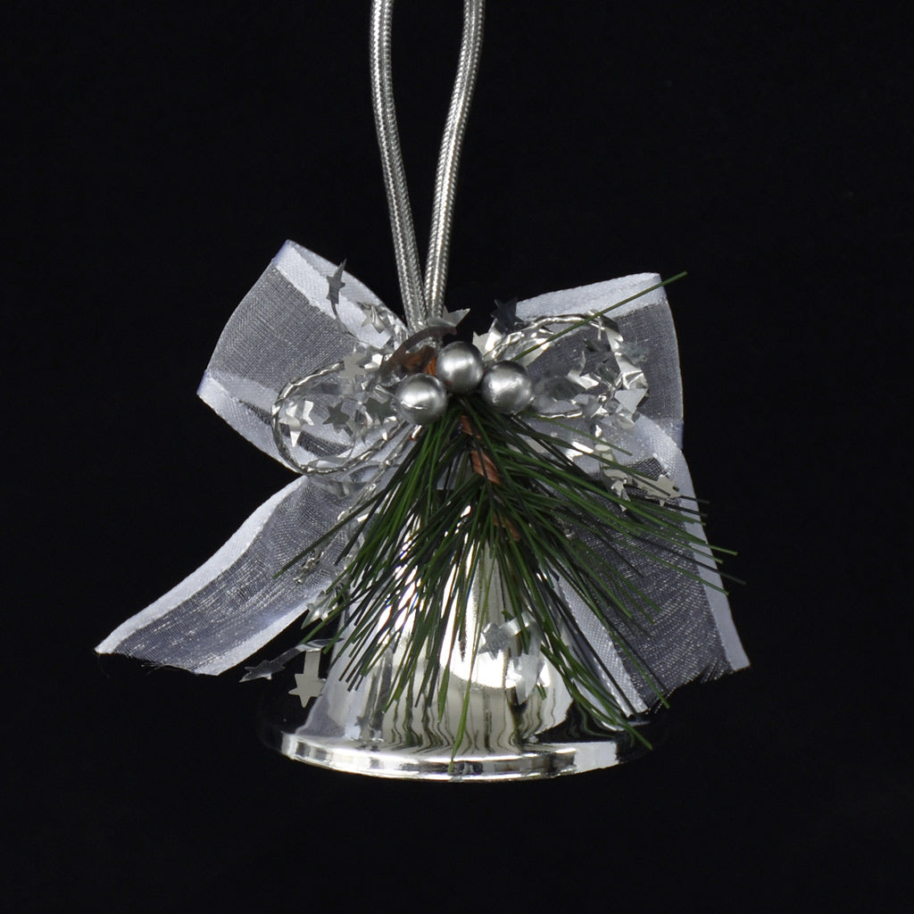 Christmas Bell with Pine & Bow - Silver